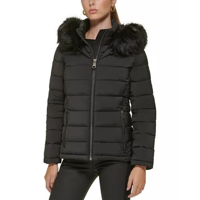 DKNY Women's Hooded Zip Puffer Coat Black Large NO FUR