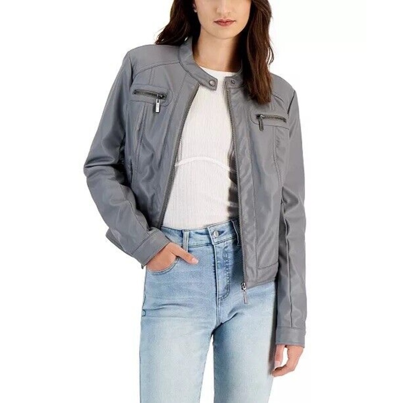 JOU JOU Juniors' Girls Moto Jacket Grey XL Faux-Fur-Lined