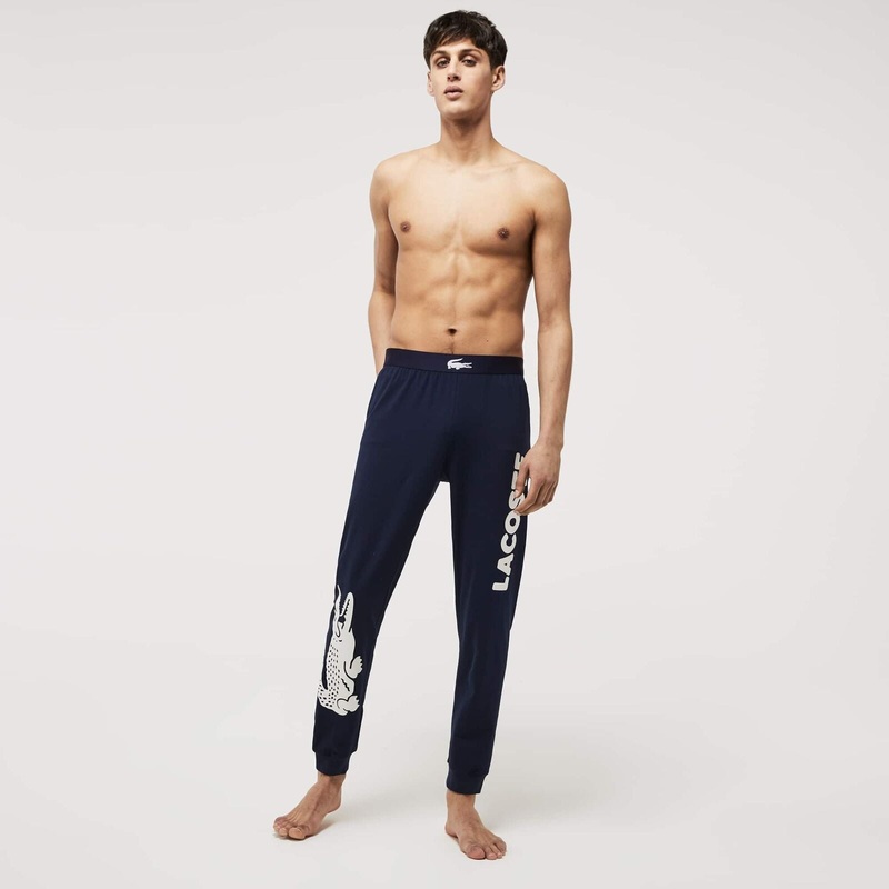 Lacoste Mens Crocodile Print Stretch Pajama Pants Navy Blue Large