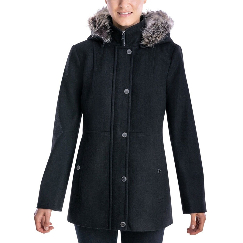 London Fog Women's Faux-Fur-Trim Hooded Walker Coat Large Black Wool Zip
