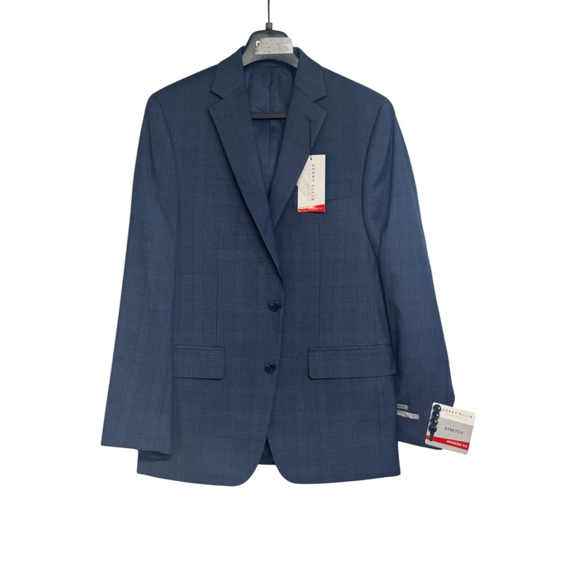 Perry Ellis Mens Modern fit 2 Piece Suit 38 R / 31 Waist Blue Plaid Stretch