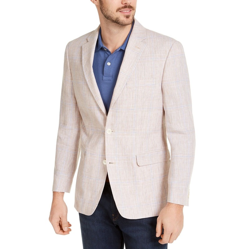 Tommy Hilfiger Men's Modern-Fit TH Flex Stretch Tan Blue Plaid Sport Coat 42L