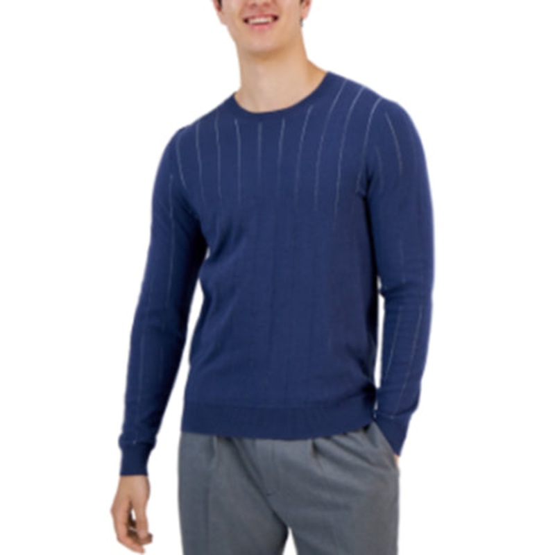 Alfani Mens Double-Knit Stripe Cotton Sweater Blue Nite Escape Medium