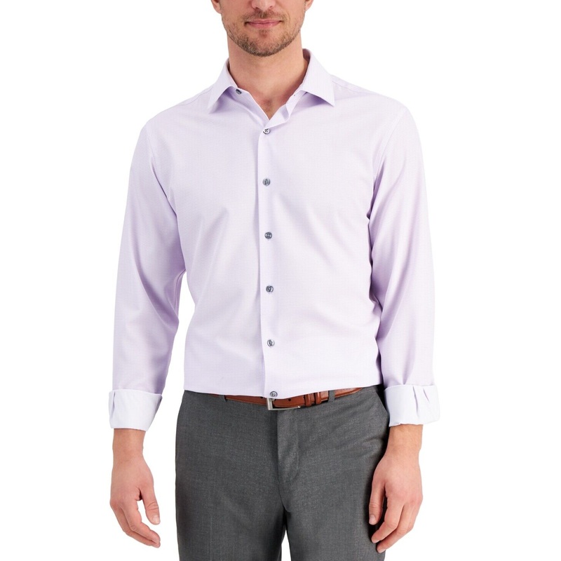 Alfani Mens Geo-Print Button Down Dress Shirt Lavender 17-17.5 / 36-37