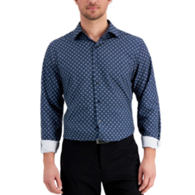 Alfani Mens Geo-Print Dress Shirt Navy White 15-15.5 / 34-35