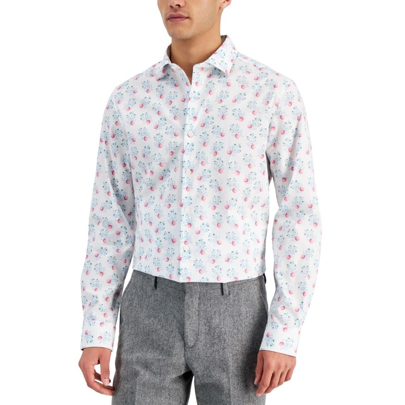Bar III Men's Slim Fit Berry Print Dress Shirt White Pink Large
