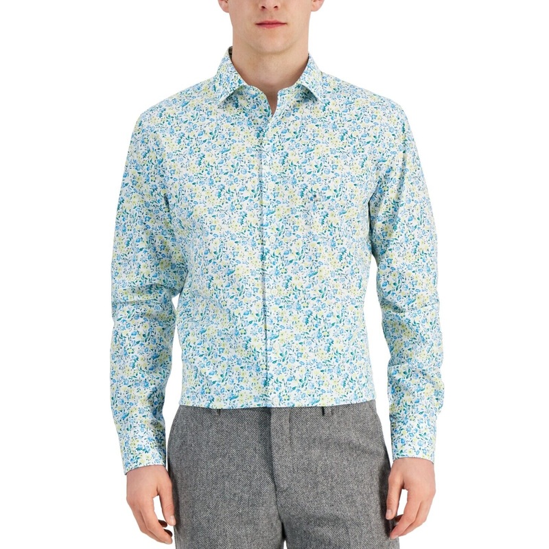 Bar III Men's Slim Fit Calma Floral Button Donw Dress Shirt Blue Yellow Small
