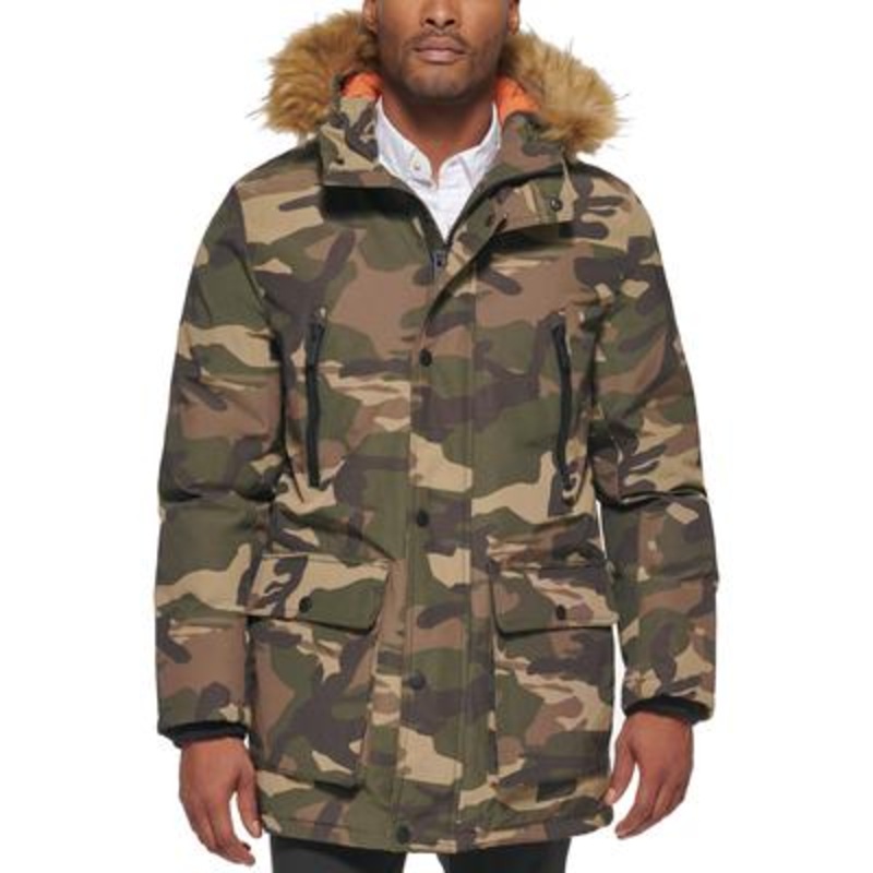 Club Room Mens Parka Coat Medium Green Fur Trim Camouflage