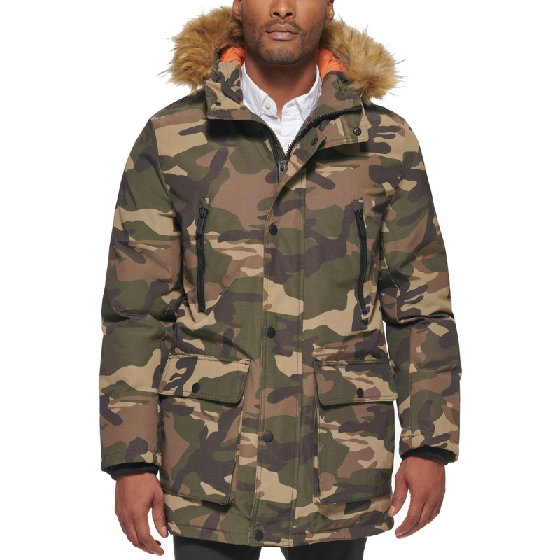 Club Room Mens Parka Coat Small Green Fur Trim Camouflage