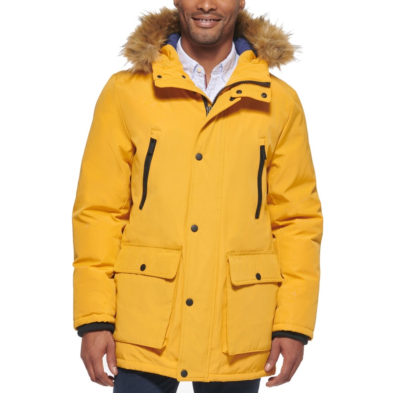 Club Room Mens Parka Coat Small Yellow Fur Trim Solid