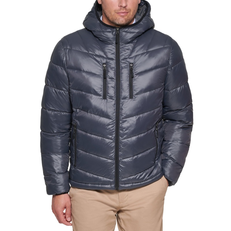 Club Room Mens Puffer Jacket Coat Large Grey Hooded Solid