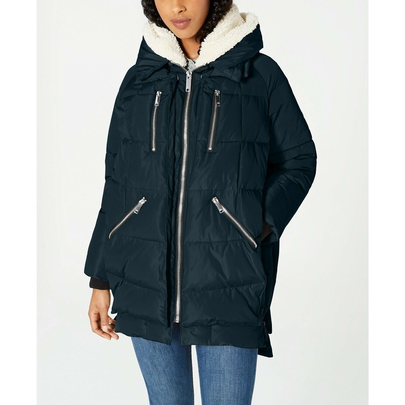Halifax Womens Oversized Hooded Fleece-Lined Puffer Coat Medium Navy Blue