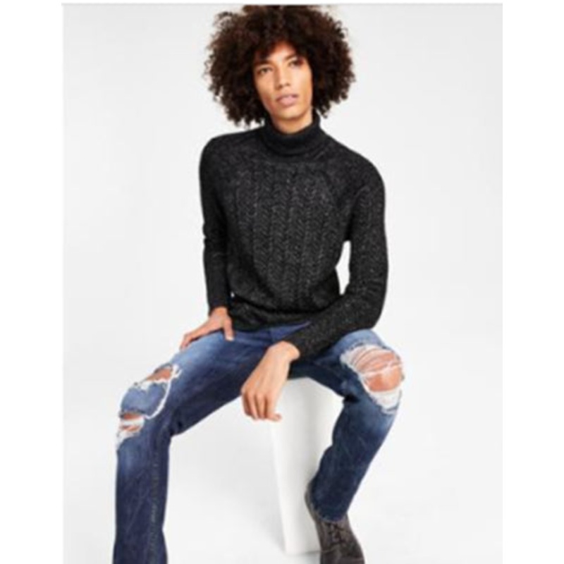 INC  Mens Classic-Fit Metallic Cable Knit Sweater Black Small