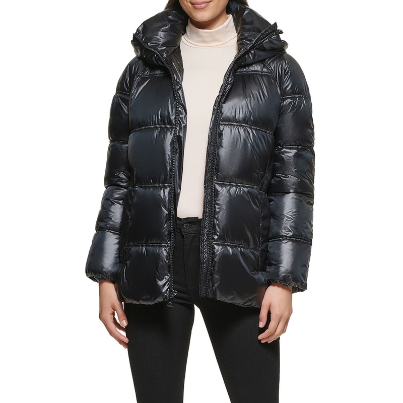 Kenneth Cole Women's Box Shine Puffer Coat Medium Solid Black