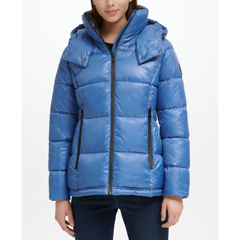 Kenneth Cole Women's Shine Hooded Puffer Coat Medium Blue