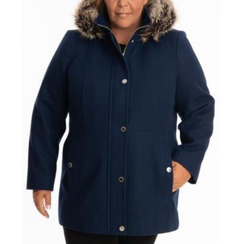 London Fog Women's Faux-Fur-Trim Hooded Walker Coat 3X Navy Blue Wool Zip