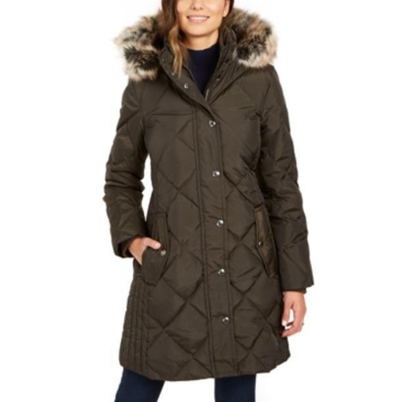 LONDON FOG Womens Hooded Faux-Fur-Trim Puffer Coat Small Moss Green