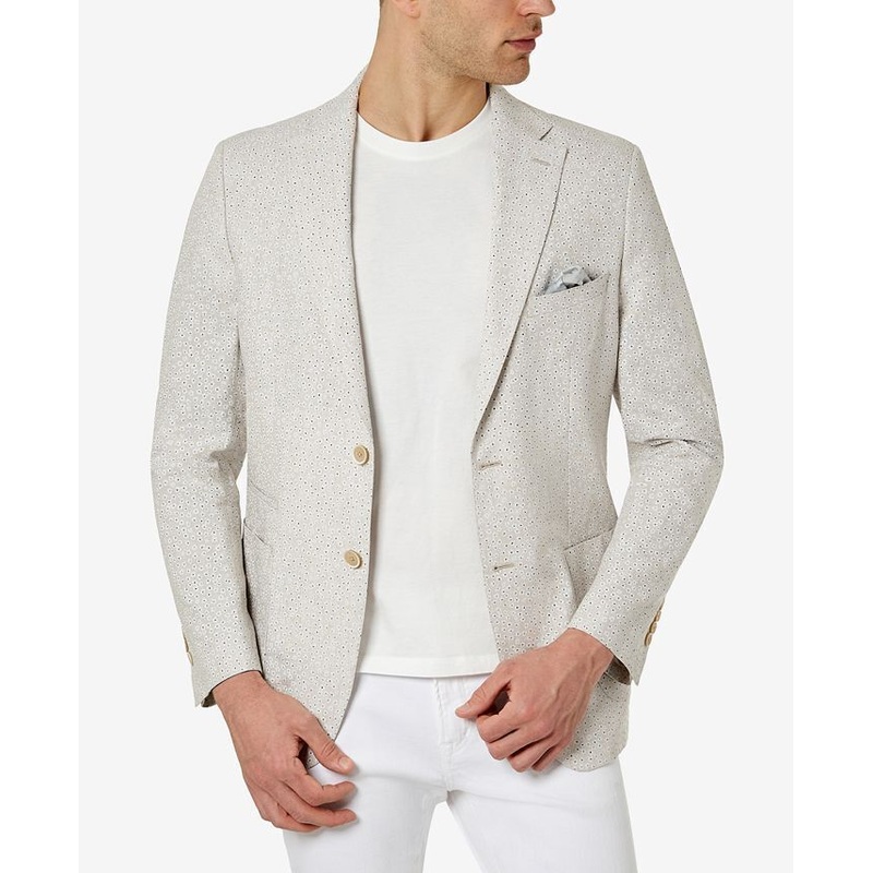 TALLIA Men's Slim-Fit Floral Blazer 40R Sport Coat White / Tan Linen