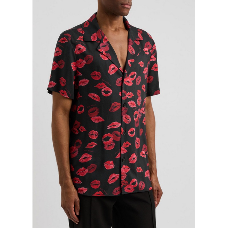 Balmain Mens Regular Fit Short Sleeve Button Up Kiss Shirt Black Eu 48 US 38