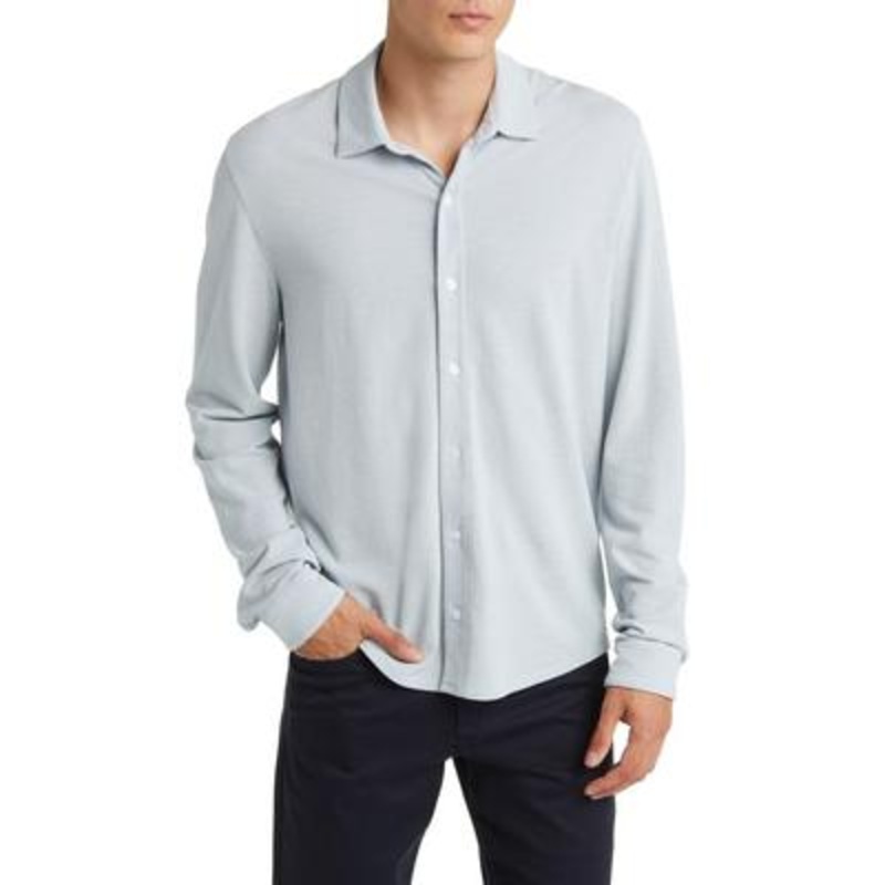 Vince Men's Cotton Pique Button Up Long Sleeve Shirt Blue Large