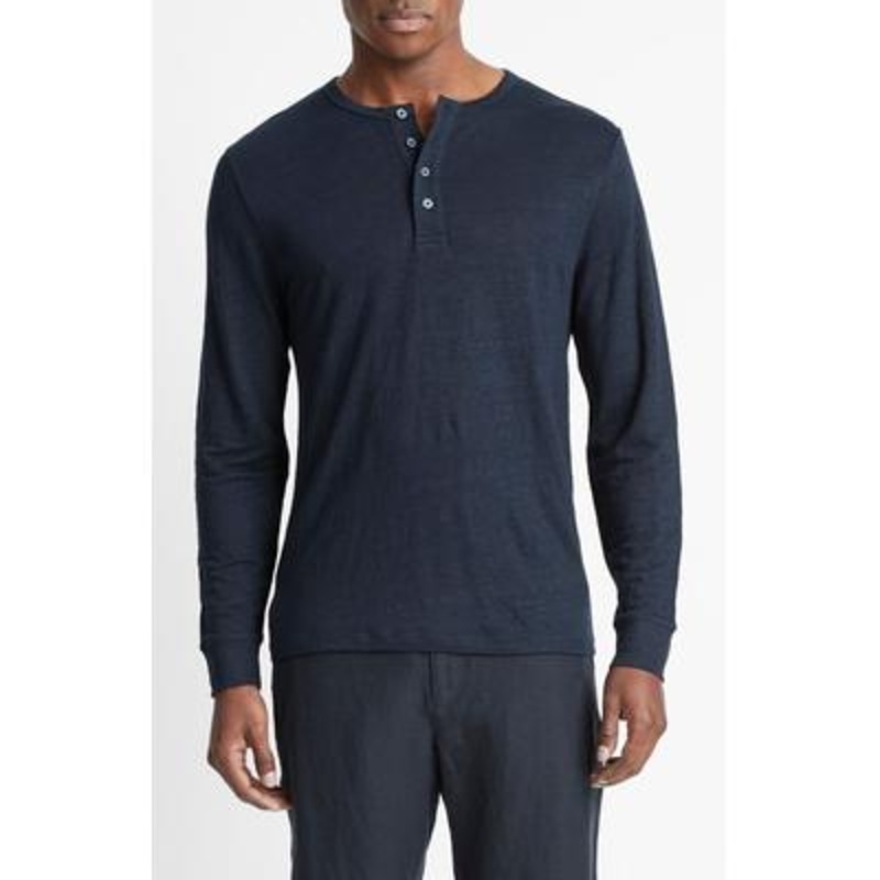 Vince Men's Long Sleeve Linen Henley Shirt Blue XL