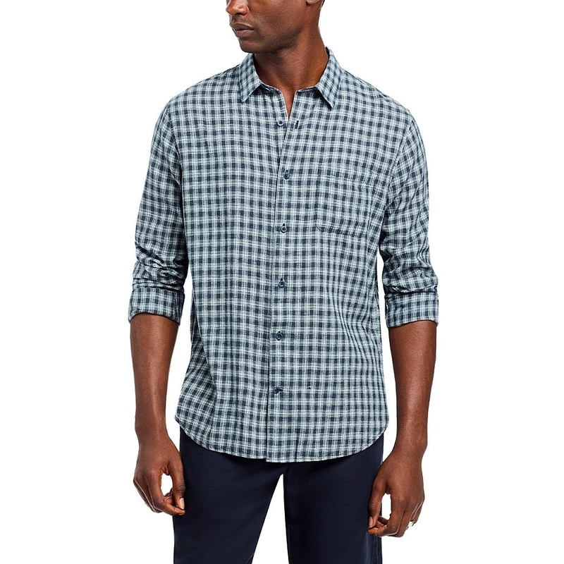 Vince Men's Summit Linen Plaid Long Sleeve Button Up Shirt Blue XL