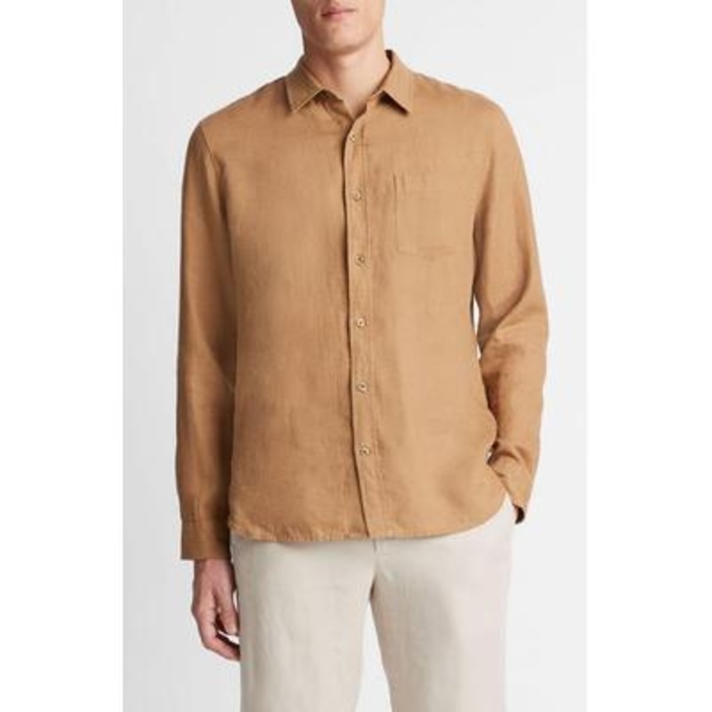 Vince Mens Classic Fit Long Sleeve Button Up Shirt Large Brown Solid