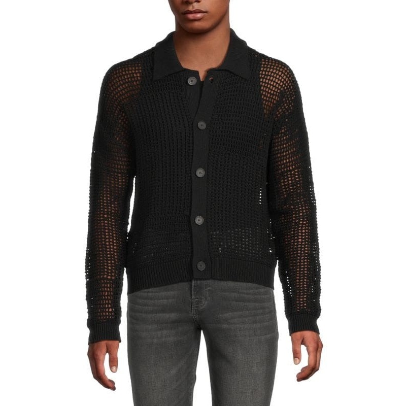 Frame Mens Loose fit Long Sleeve Button-Up Crochet Sweater Medium Collared Black
