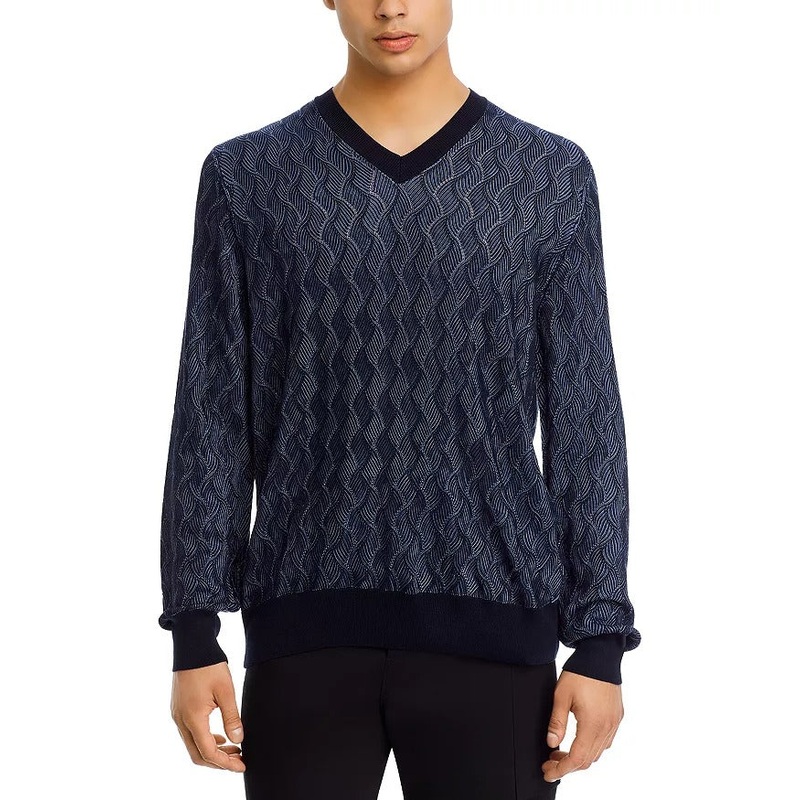 Hugo Boss Mens Regular fit Long Sleeve V Neck Sweater Medium 100% Silk  Blue