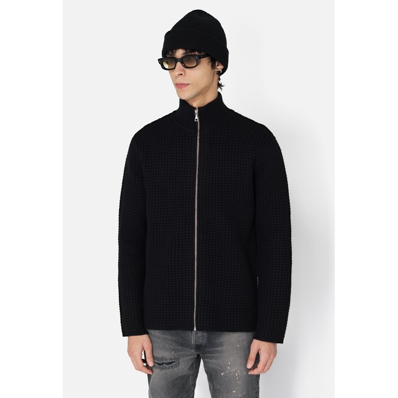 John Elliott Mens Slim fit Long Sleeve Waffle Knit Full Zip Sweater Black Large
