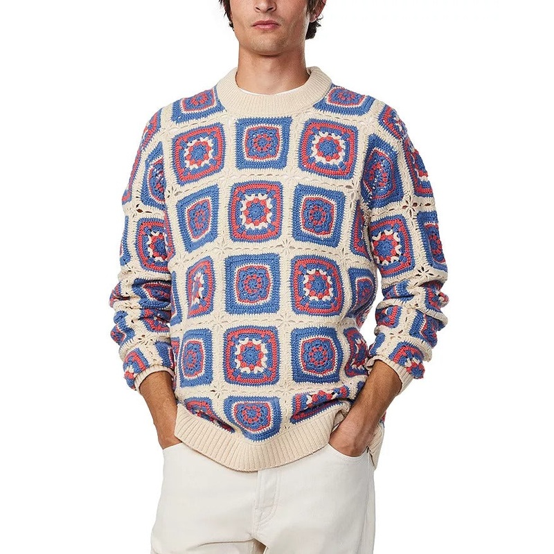 Nn07 Mens Loose fit Long Sleeve Crewneck Sweater Medium White Geometric