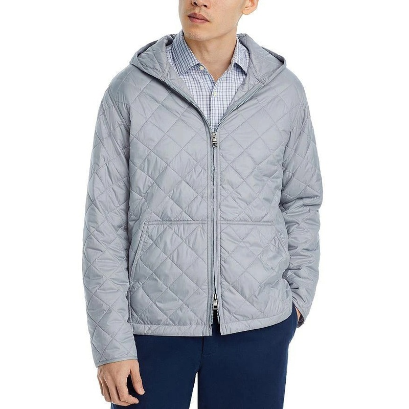 Peter Millar Mens Regular fit Quilted Full Zip Hooded Coat XL Light Grey Solid