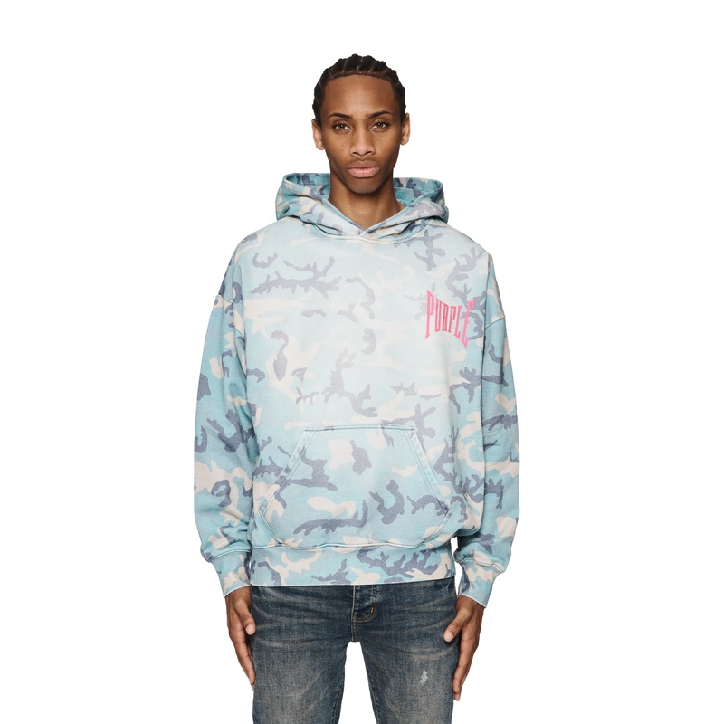 Purple Brand Mens Oversized fit Long Sleeve Hoodie Sweatshirt Large Blue Camo