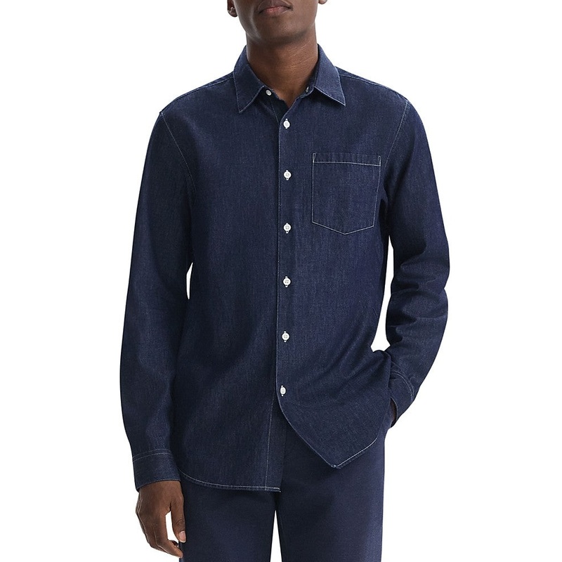 Theory Mens Regular fit Long Sleeve Button-Up Shirt Medium Dark Blue Solid