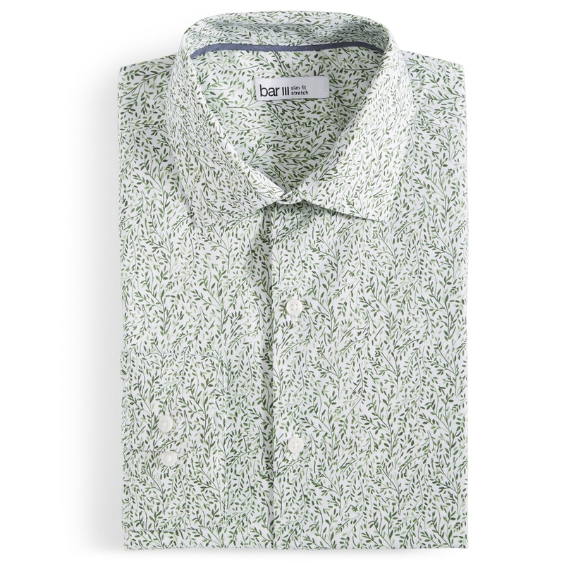 Bar Iii Mens Slim fit Long Sleeve Button-Up Shirt Small Light Green Floral