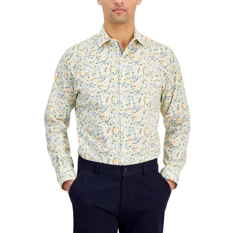 Bar Iii Mens Slim fit Long Sleeve Button-Up Shirt Small Yellow Floral
