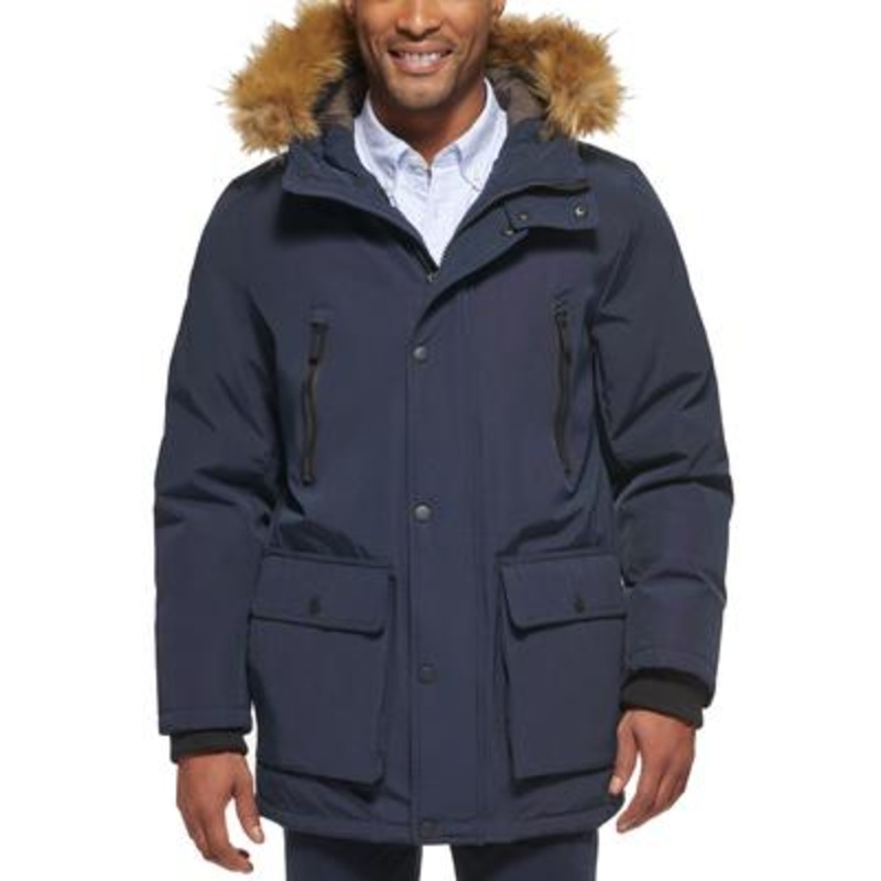 Club Room Mens Regular fit Parka Coat Large Blue Solid Faux Fur Trim