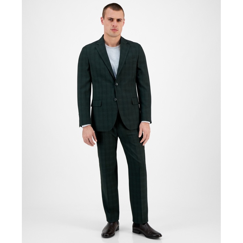 Nautica Mens Modern fit 2 Piece Suit 46 R / 41 Waist Forest Green Plaid Stretch
