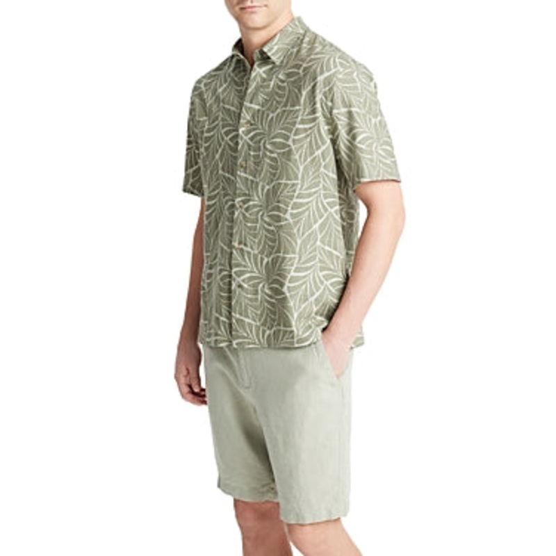 Vince Knotted Leaves Short Sleeve Men's Button Up Shirt Green Large