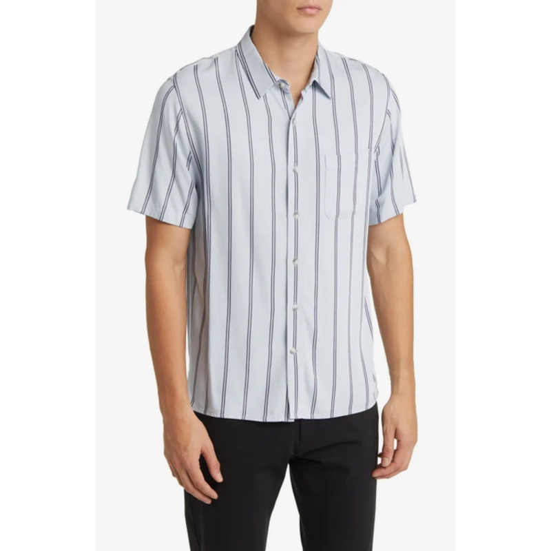 Vince Mens Classic Fit Short Sleeve Button Up Shirt Small Blue Striped