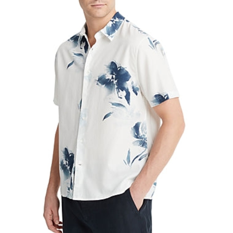 Vince Mens Classic Fit Short Sleeve Button Up Shirt Small White Blue Floral