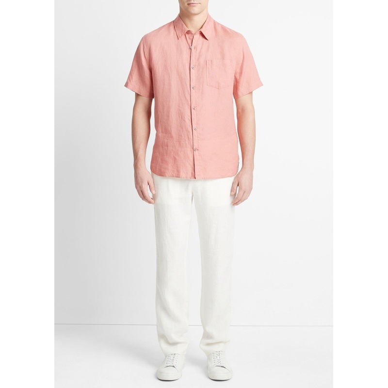 Vince Mens Regular Fit Short Sleeve Button Up Linen Shirt Large Pink Solid
