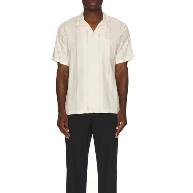 Vince Mens Regular Fit Short Sleeve Button Up Shirt Large Beige Striped