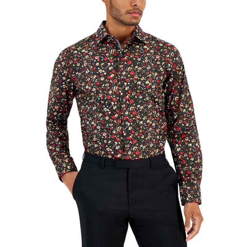 Bar Iii Men's Slim Fit Floral Button Up Dress Shirt Small Black Red