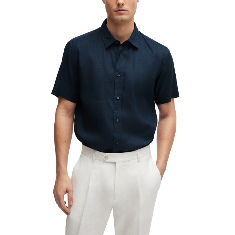 BOSS by Hugo Boss Men's Linen Chambray Slim Fit Button Up Dress Shirt Blue XXL