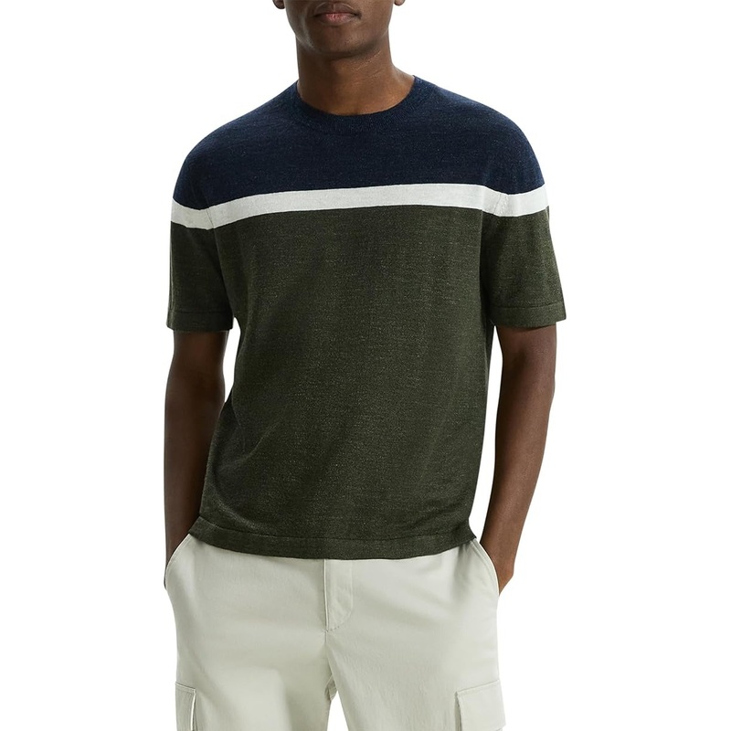 Theory Striped Short Sleeve Crew Shirt XXL Blue Green Pacific Linen