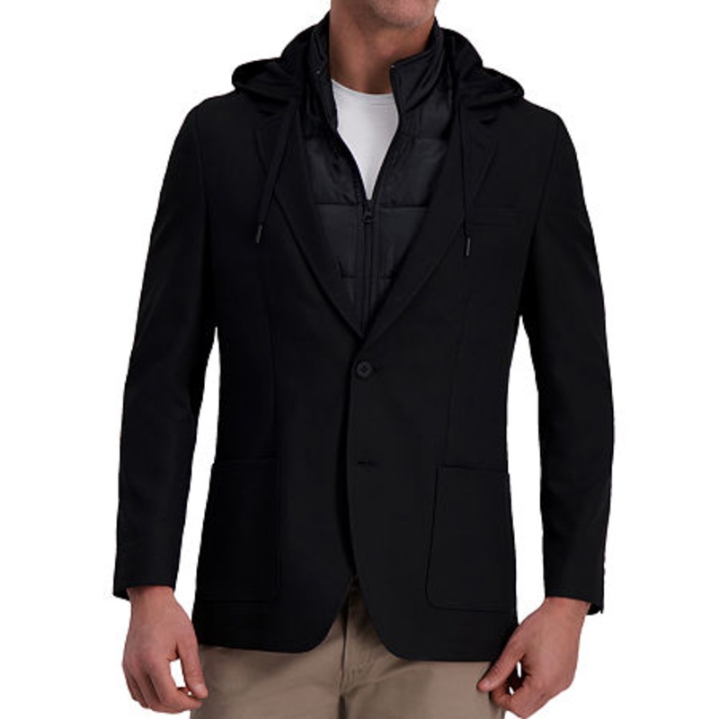 Haggar Mens Sport Coat Jacket 40 R Black Removable Hood Solid