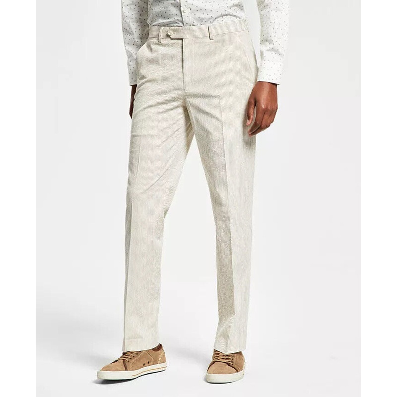ALFANI Men's Slim-Fit Seersucker Stripe Dress Pants Tan Cream 38 X 32