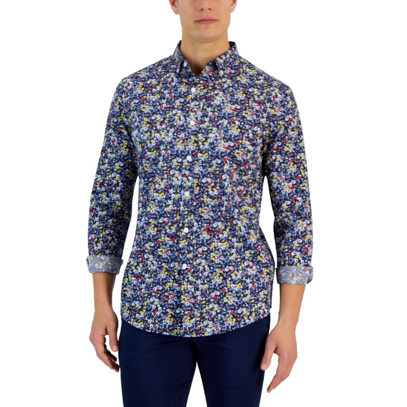 Club Room Ken Long Sleeve Button-Down Ditsy Floral Print Shirt Navy Blue Large