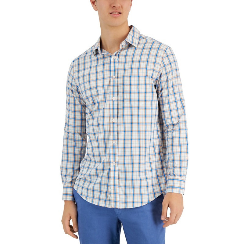 Club Room Men's Plaid Tech Woven Button-Up Shirt White / Blue Sapphire Small